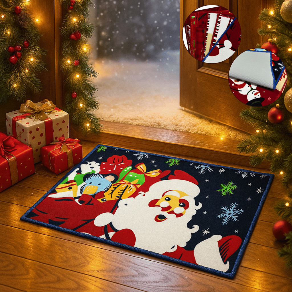 Tapete Natalino 58x38cm Poliéster - Wincy / Capacho Natal Papai Noel / Decoração Entrada Chão Piso