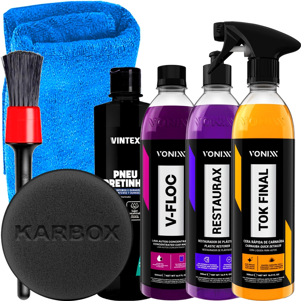 Kit Limpeza Automotiva Vonixx Cera Tok Final Shampoo V-Floc Restaurax Pneu Pretinho Vintex Pincel Toalha e Aplicador