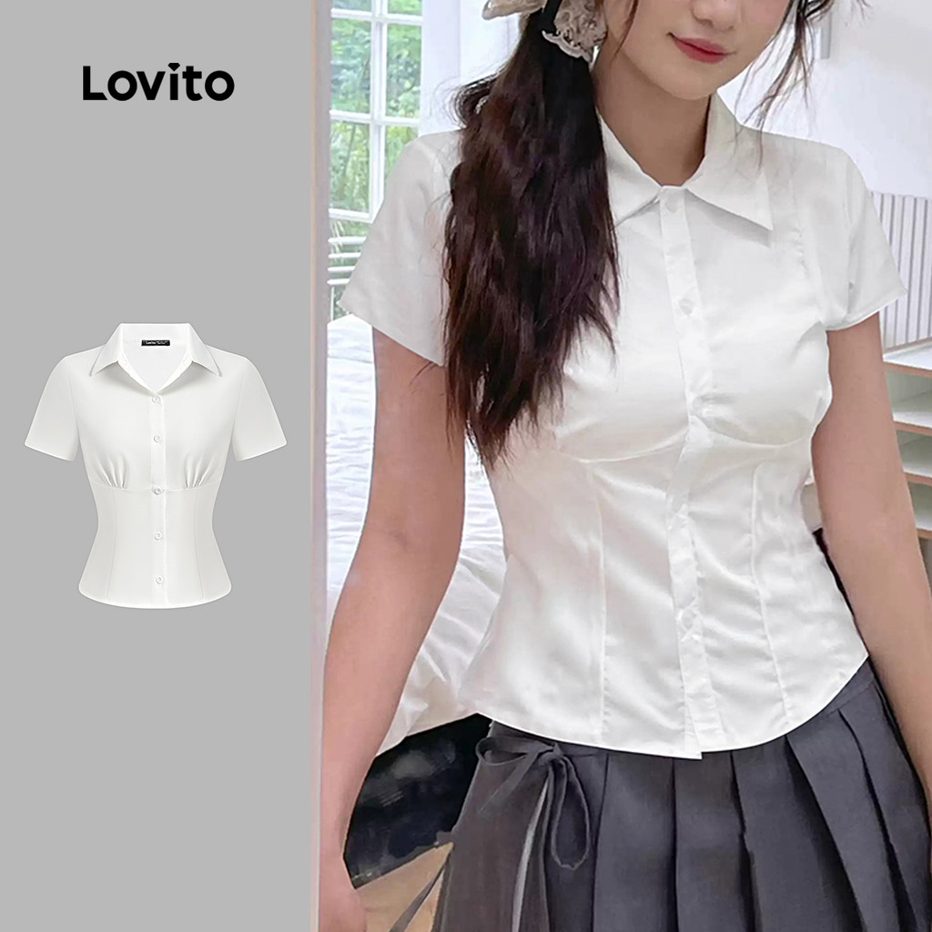 (NEW) Lovito Blusa Casual com Botões Estrutura de Linha Primavera/verão Blusa Branca para mulheres L156AD148 em Oferta na Shopee