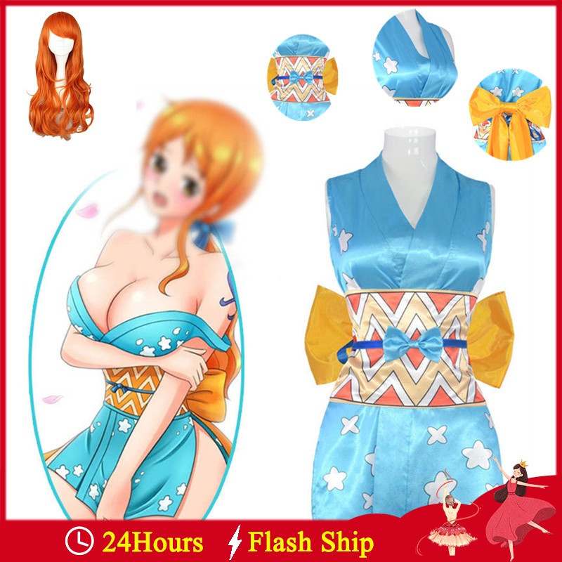 Anime One Piece Nami Wano Cosplay Kimono para Mulheres Yukata Fantasia Conjunto de Peruca de Halloween para Mulheres Adu