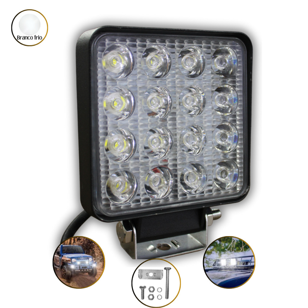 Farol De Milha Auxiliar 48W 12V Quadrado Branco Frio 16 LEDS Veículos Off-road 4x4 Caminhões Utilitários