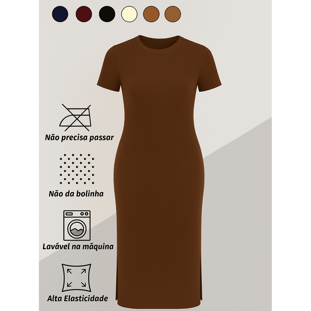 Vestidos Feminino Midi Canelado de Manga Curta Com Fenda Lateral Tubinho Basica Casual