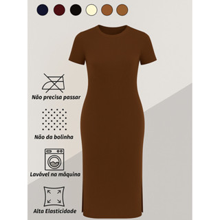 Vestidos Feminino Midi Canelado de Manga Curta Com Fenda Lateral Tubinho Basica Casual em Oferta na Shopee