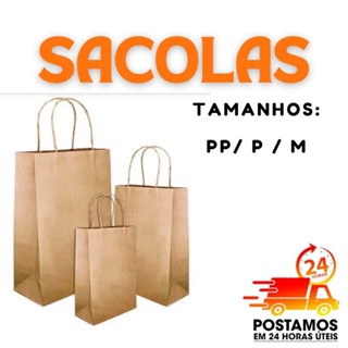 Sacola De Papel Kraft Natural com Alça PP/ P / M /G embalagem ecológica delivery festa aniversario presente lembrancinha em Oferta na Shopee