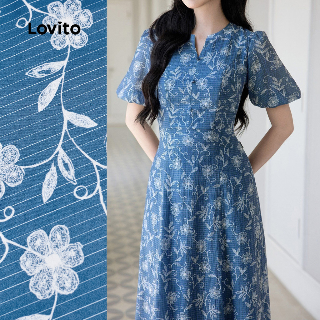 (NEW) Lovito Vestido Elegante com Botão Primavera/verão Azul para Mulheres L154ED156 em Oferta na Shopee