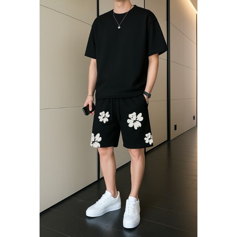 Conjunto Masculino Kit Camiseta e Bermuda Flores Estilo Streetwear Esporte Lazer Casual