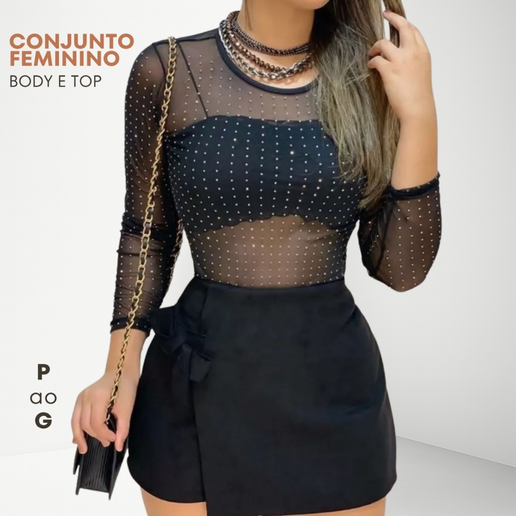 Conjunto Feminino Body Tule Manga Longa Pedraria Cropped Faixa Renda Alça Fina