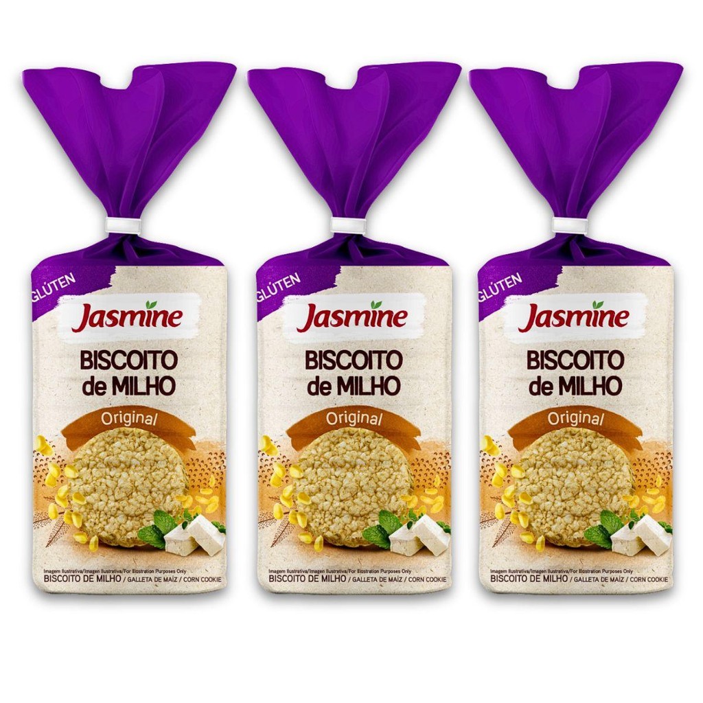 Kit 3un Biscoito De Milho 130G Vegano  Sem Glúten Jasmine em Oferta na Shopee