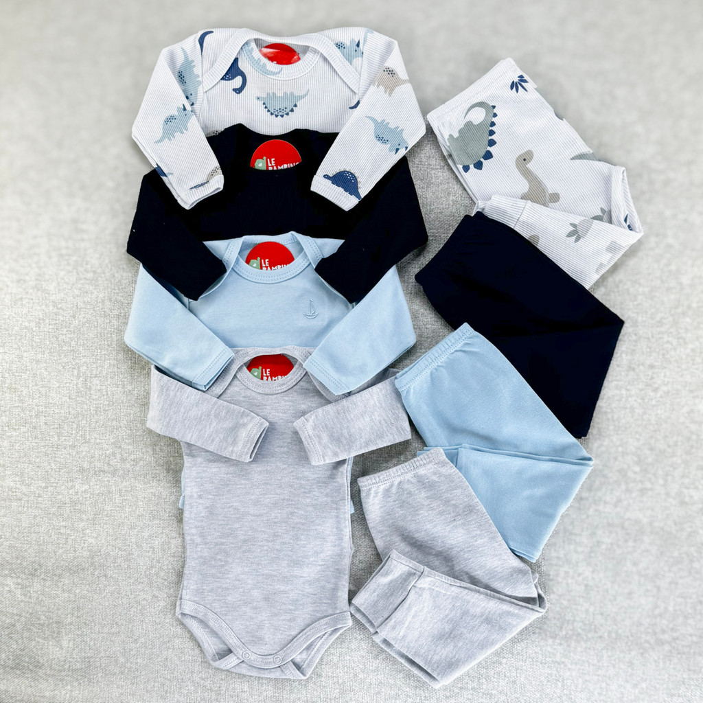 Kit Enxoval 8 Peças Bebê Menino Body e Calça Sortidos 100% Algodão Confortável Antialérgico