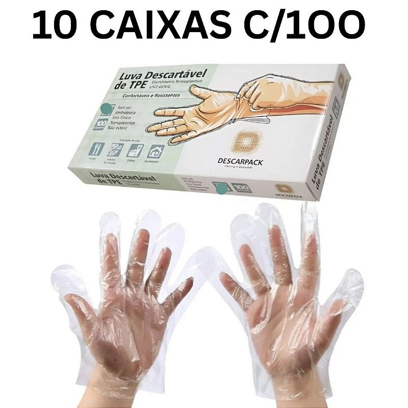 Kit C/10 Caixas (1.000) Luvas Plástica TPE Transparente S/Pó Tamanho: M - Descarpack em Oferta na Shopee