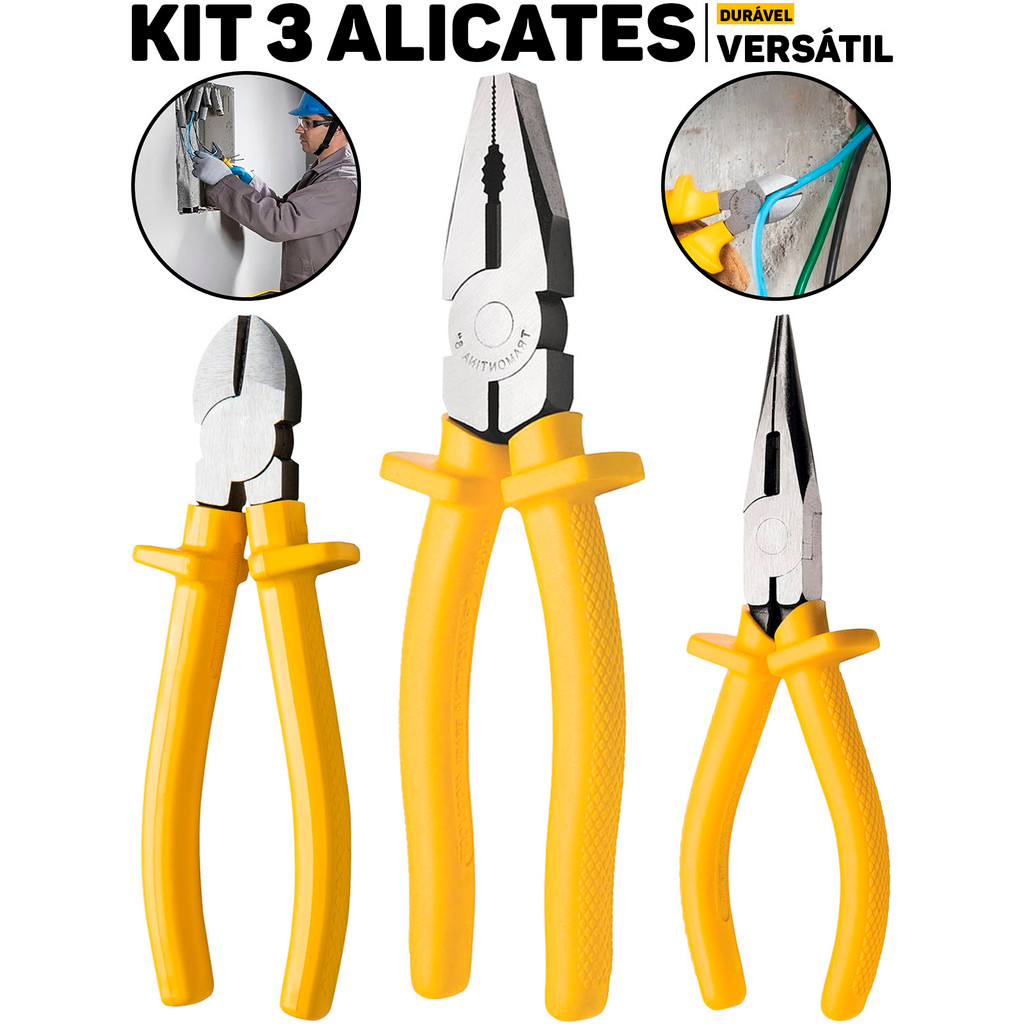 Kit 3 Peças Tramontina Alicates Corte Diagonal 6'' Bico 6" E Universal 8" Ferram