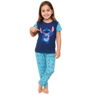 Pijama Infantil Feminino Inverno Meia Estação Lilo Stitch Estampado Malha PV Camisa e Calça em Oferta na Shopee