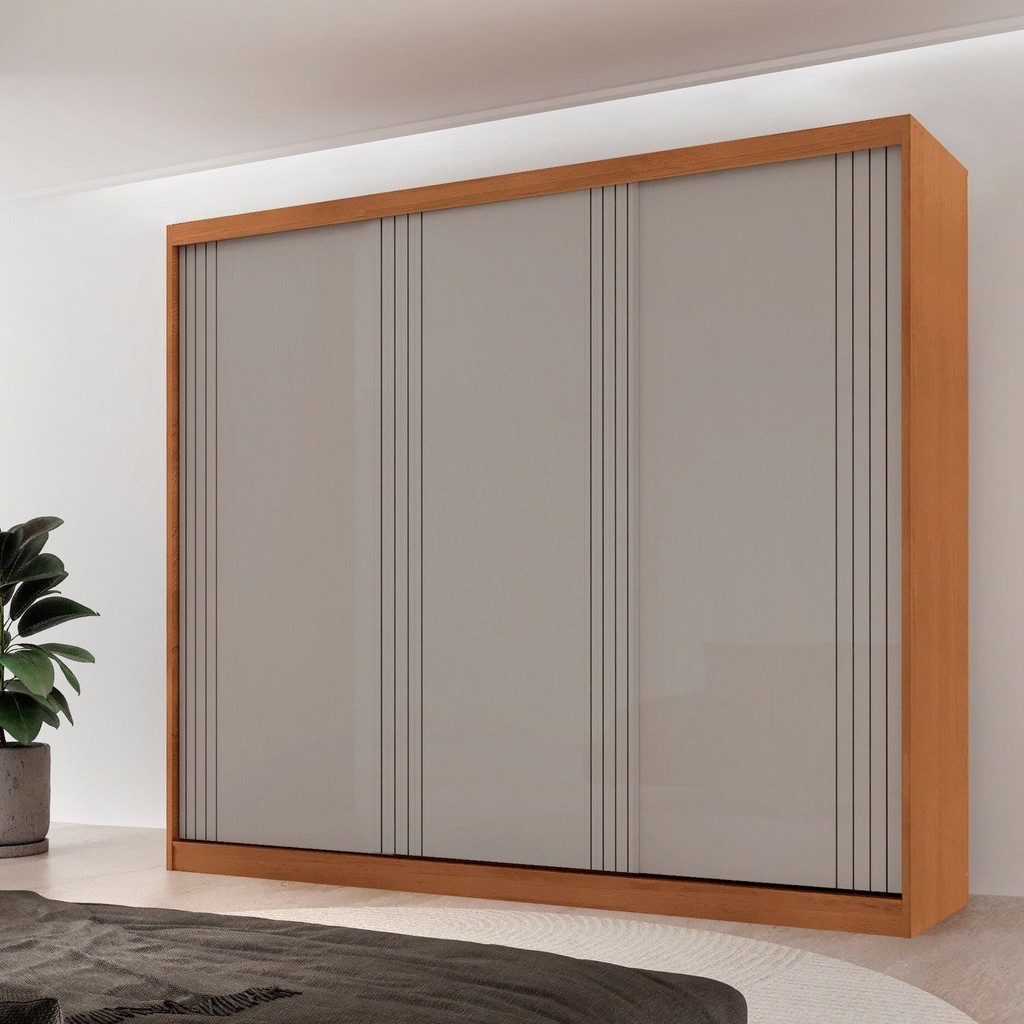 Guarda-roupa Casal 100% Mdf 3 Portas de Correr 4 Gavetas e 6 Prateleiras Chile Naturalle/Off White em Oferta na Shopee