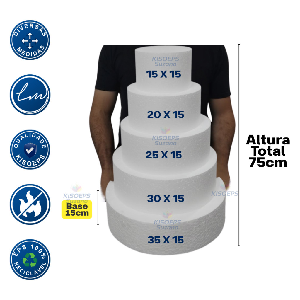 Base Bolo Isopor EPS Fake 15,20,25,30,35 x 15cm altura 5 Andares Cenográfico Maciço Redondo BF15 em Oferta na Shopee