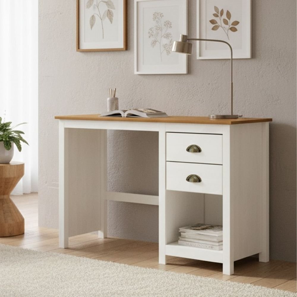 Escrivaninha Mesa Escritório 2 Gavetas Topázio 100% Madeira Maciça Pés em Madeira Maciça Branco/Freijó em Oferta na Shopee