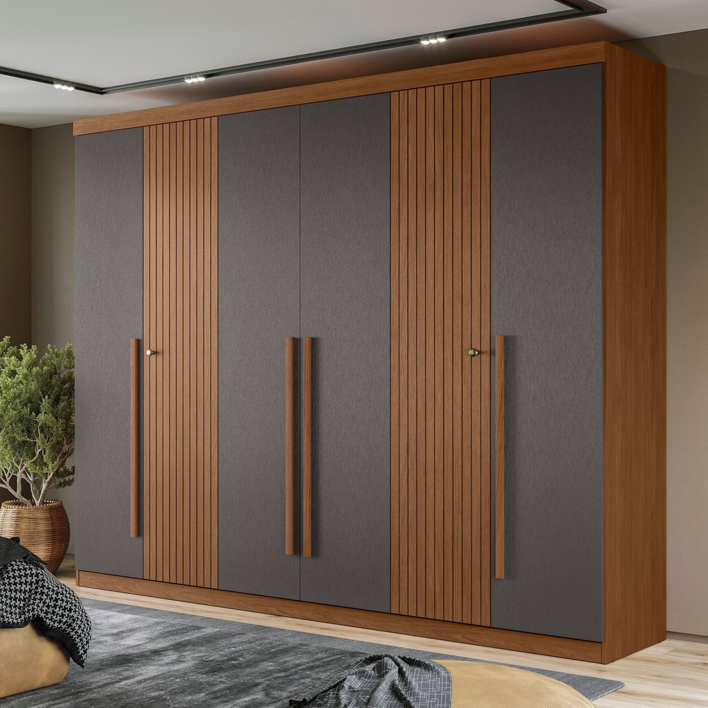 Guarda Roupa Casal Ripado 6 Portas 4 Gavetas Antony Jatoba/Grafite em Oferta na Shopee