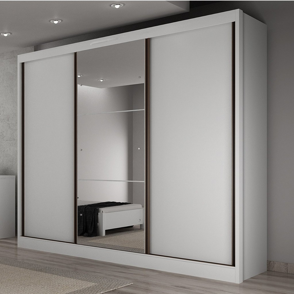 Guarda Roupa Casal com Espelho 3 Portas 6 Gavetas Wood  Branco em Oferta na Shopee