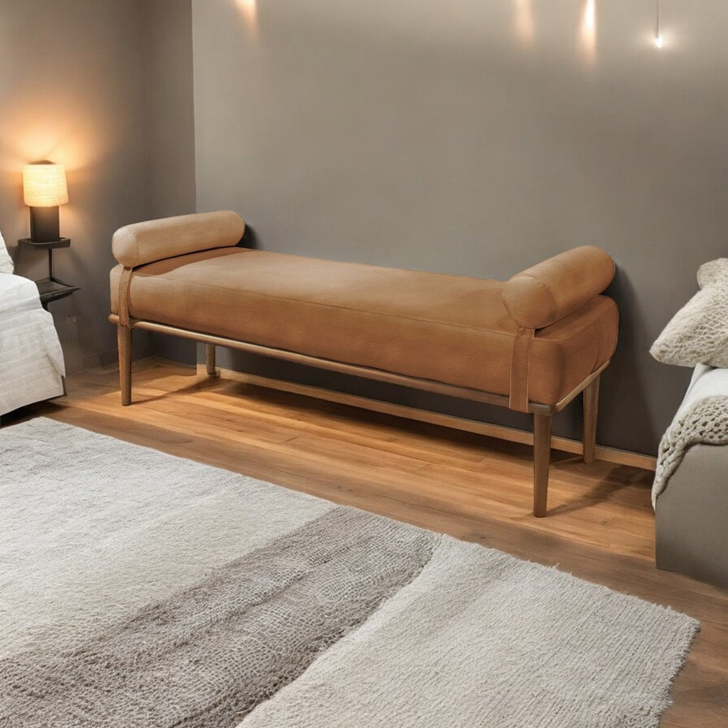 Recamier Puff Luxo Madeira Maciça Berlim Corino Caramelo em Oferta na Shopee