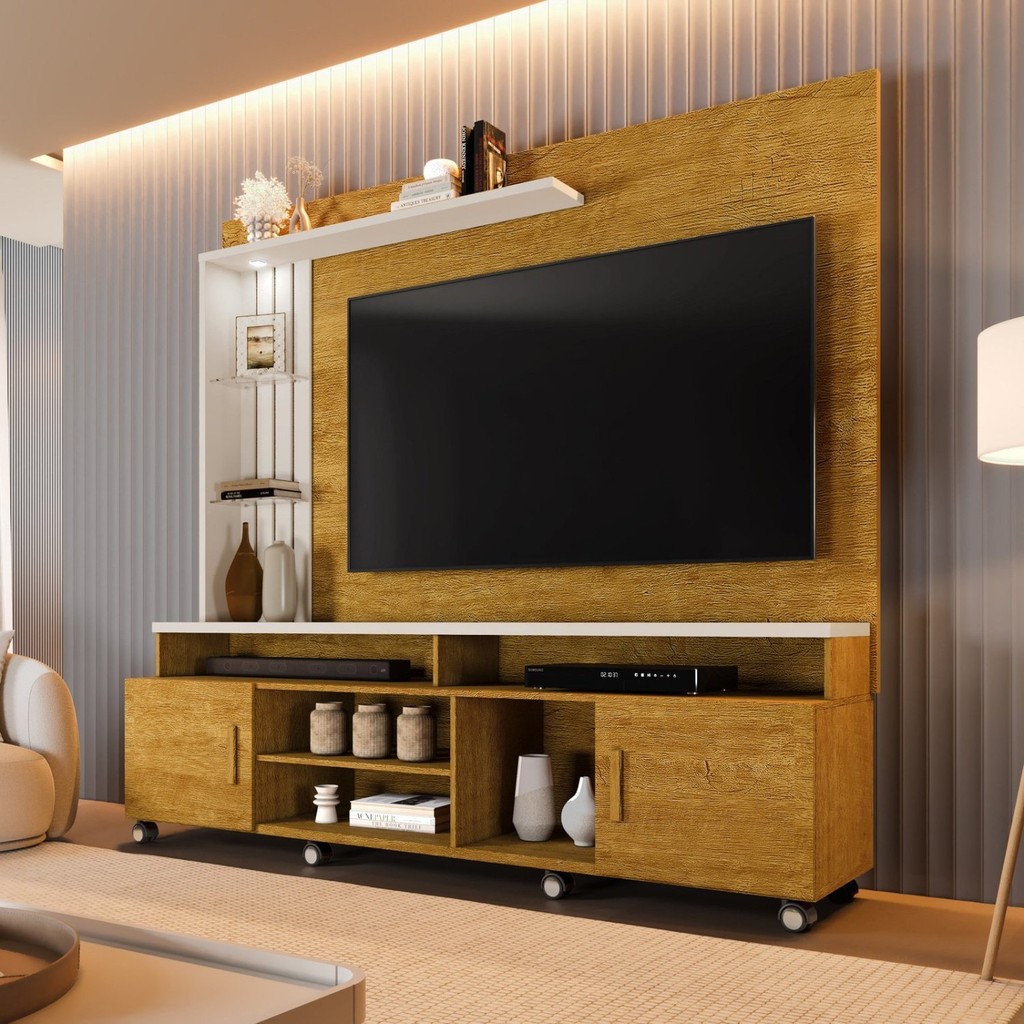 Estante Home para TV até 65 Polegadas Ripado com LED e Rodízios Ocean Naturale/Off White