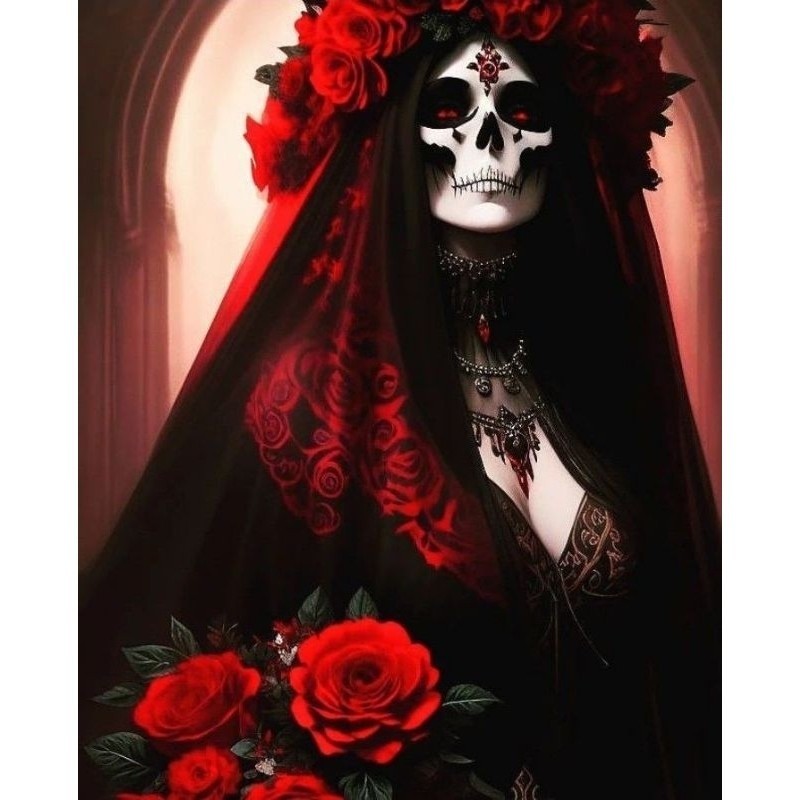 Quadro Lindo Decorativo Rosa Caveira Pomba gira da Umbanda e Candomblé, Rosa Vermelha, Caveira Mexicana