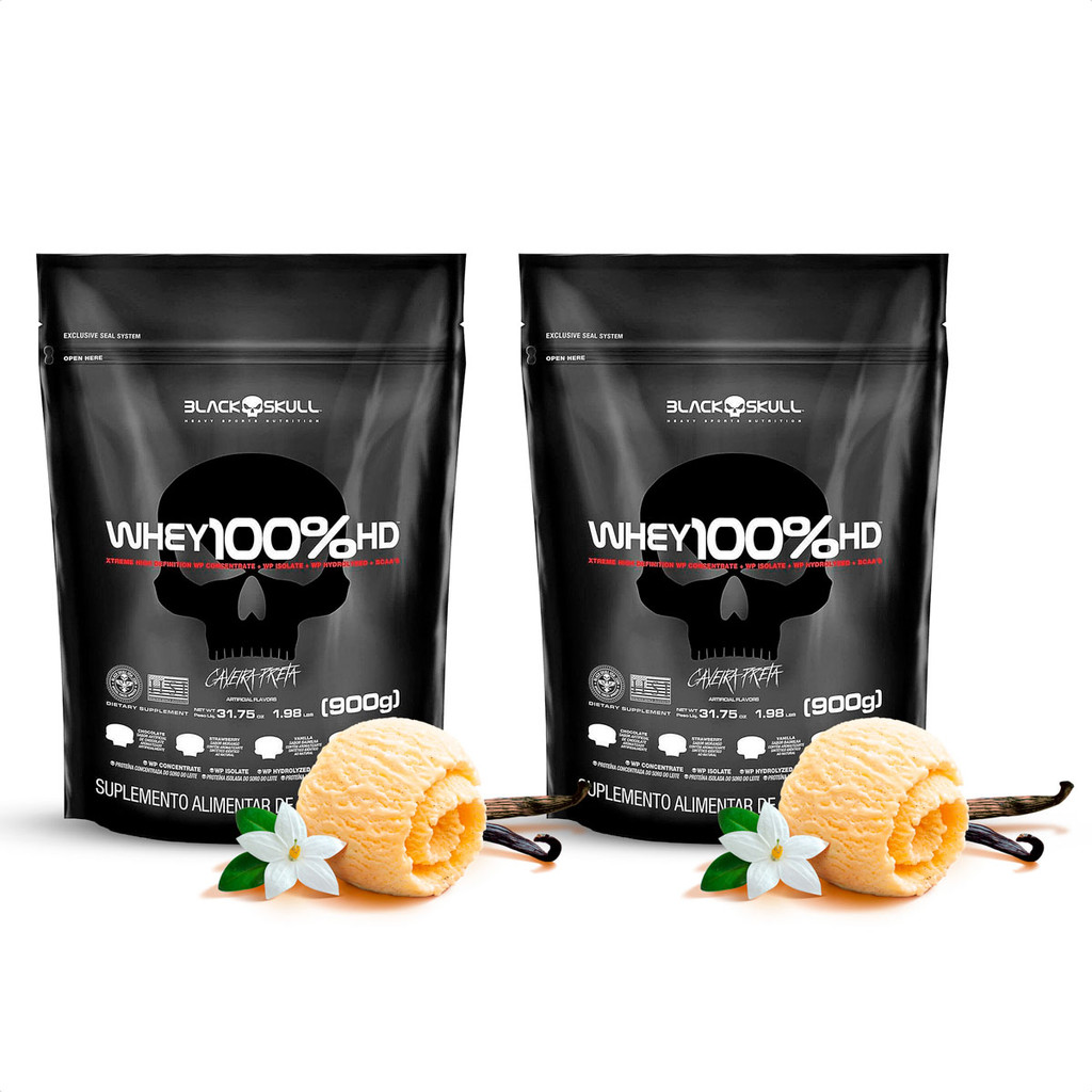Kit Whey 100% Black Skull HD Refil - 900g - Baunilha - Morango - Chocolate - Cookies - 2 Pacotes