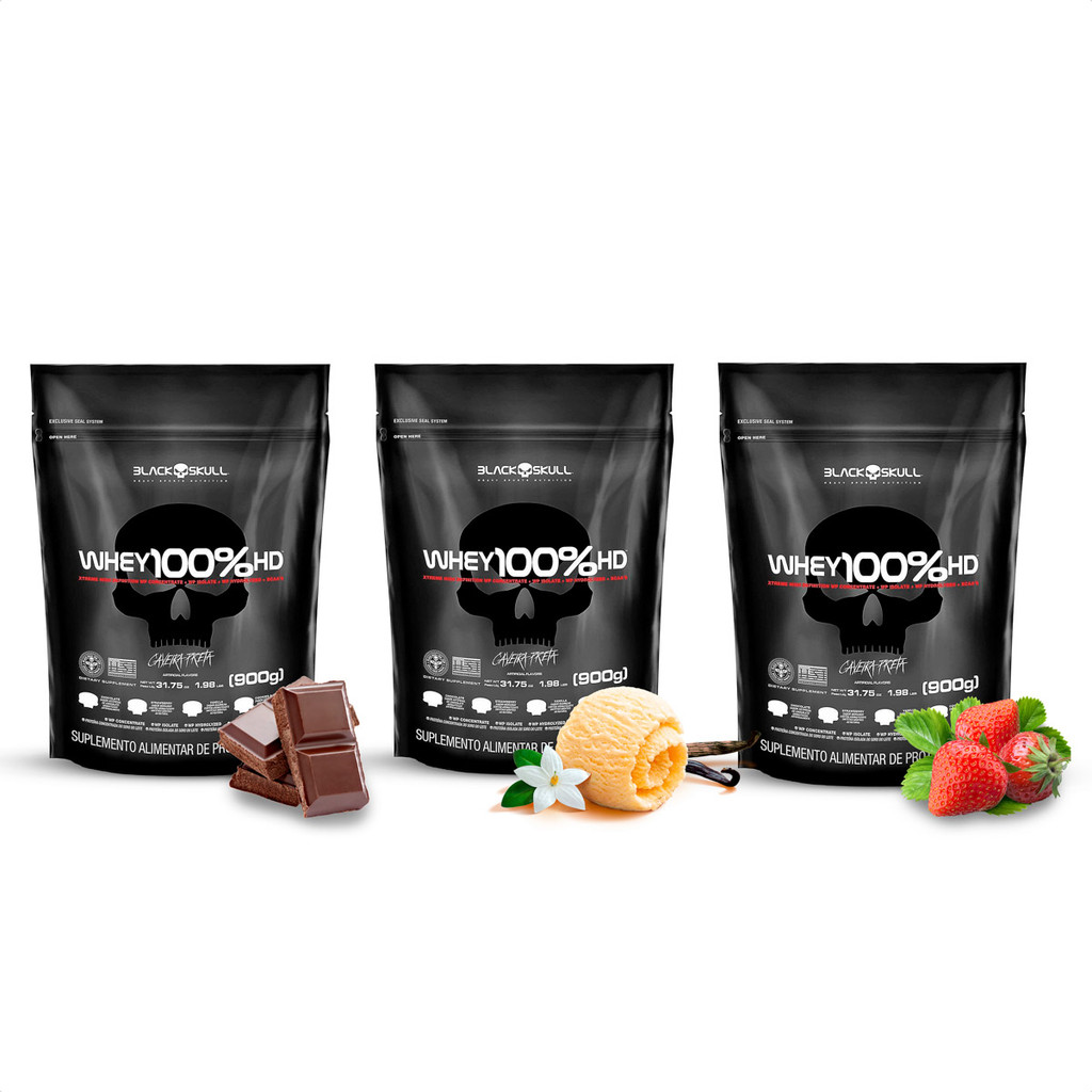 Kit Whey 100% Black Skull HD Refil - 900g - 3 Sabores