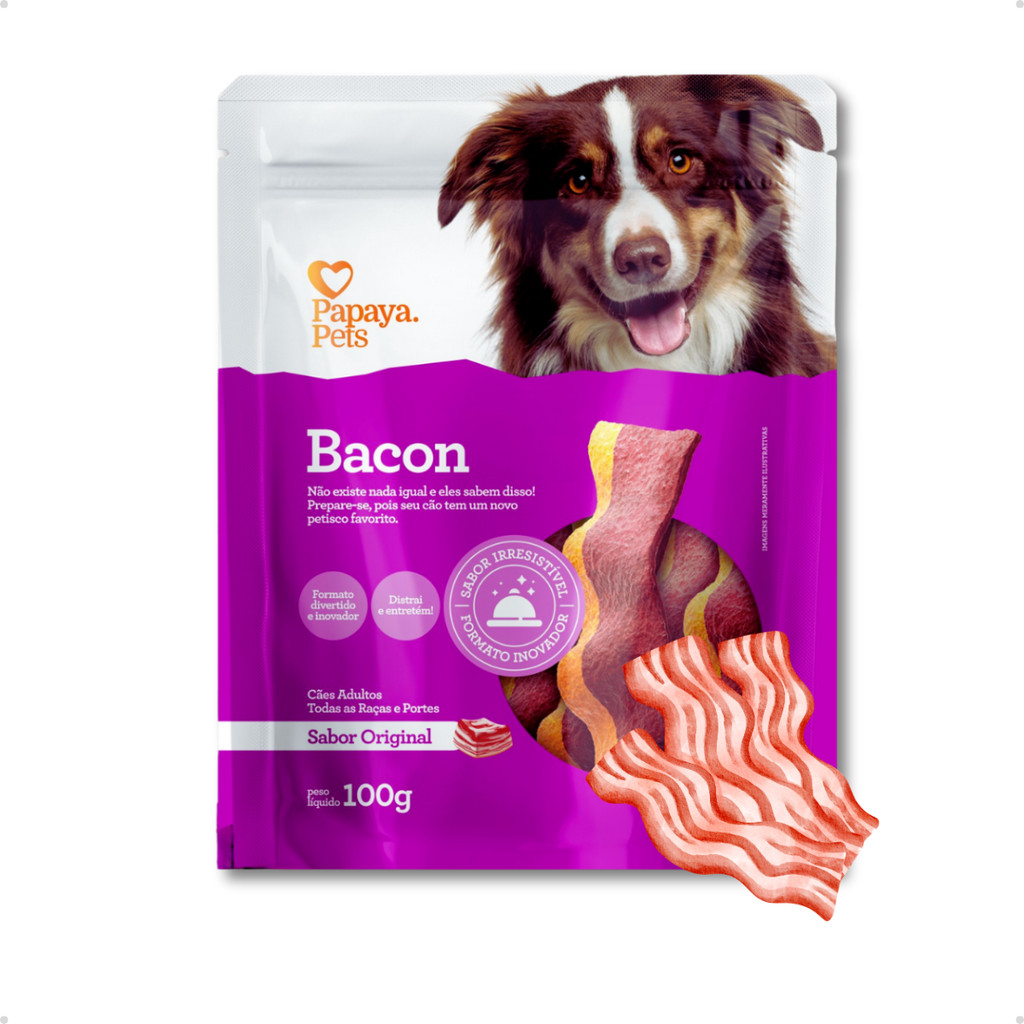 Petisco Natural Snack para Cachorro Mordedor Duro Formato e Sabor Bacon Papaya Pets 100g