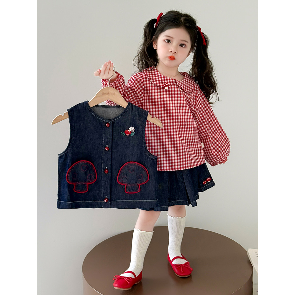 Menina Denim camisa de três peças novo estilo menina primavera outono saia terno menina bebê moda outono moda