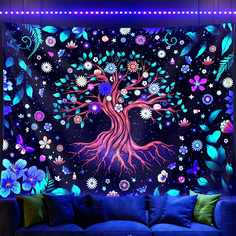 Tapeçaria fluorescente uv luminosa crânio amante árvore da vida tapeçaria