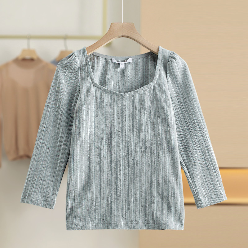 [Re-B] 26 punhos de primavera Single-Breasted frisado listrado gola quadrada camiseta pequena RB057 Cut Seven