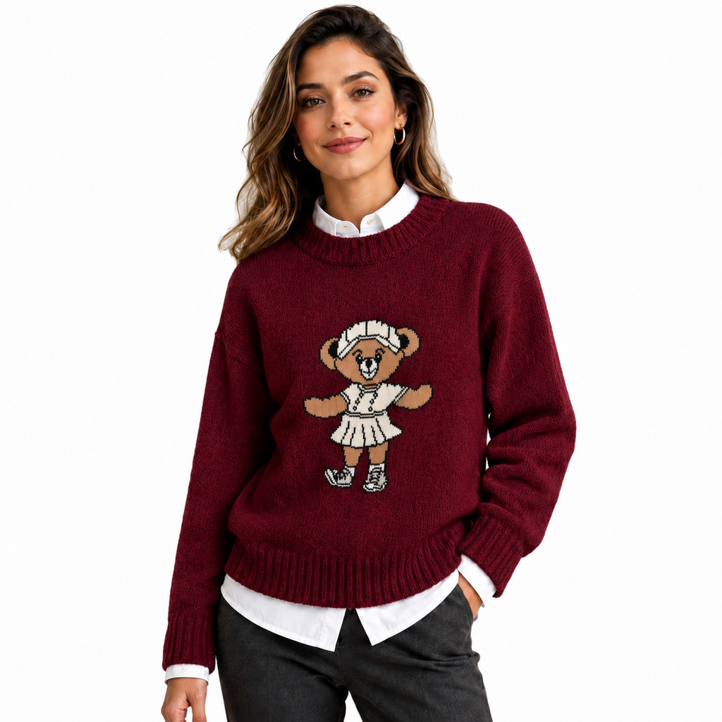 Suéter Casaco Feminino Tricô Ursinha Gola Blusa de Frio Inverno Casual Marsala Vinho Bordô
