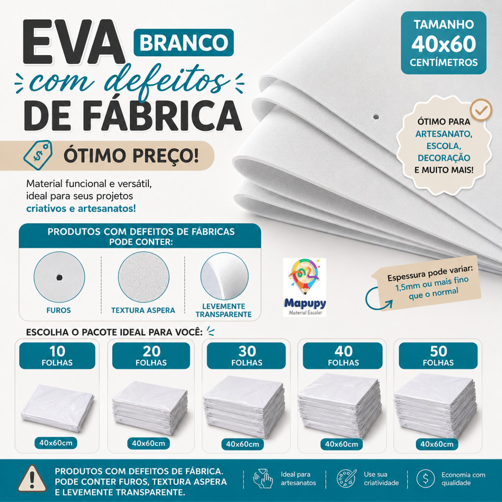 Folhas de EVA Branco (40x60cm) com Defeitos de Fábrica
