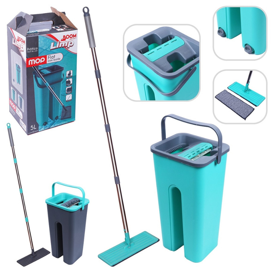 Rodo Mop Flat 2 Refis Esfregão Com Balde Limpeza Profissional Rodo Mágico Lava Seca Tira Pó
