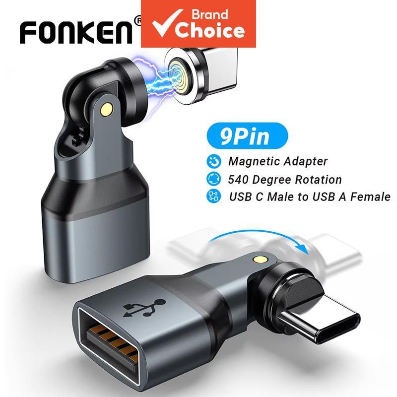 Adaptador Magnético Fonken USB Fêmea para Tipo C Macho 540° Rotação 9 Pinos 3A Conversor OTG para Celular e Laptop