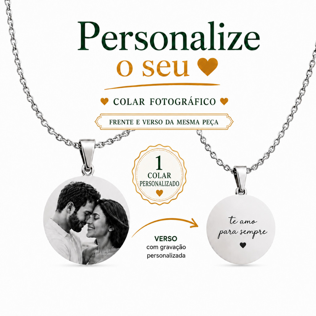 Colar Personalizado com Foto e Frase Pingente Redondo Foto gravação Aço Inox Colar 50 ou 60 cm