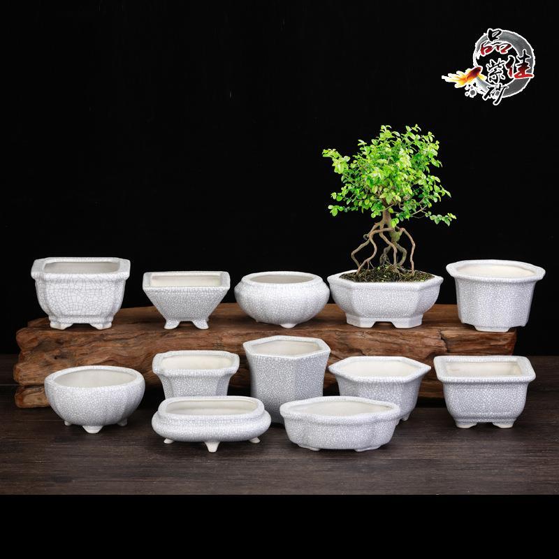 Branco verde cerâmica quadrado Hexagonal redondo manjedoura pote perfurado gelo Crack vaso de flores planta verde Bonsai