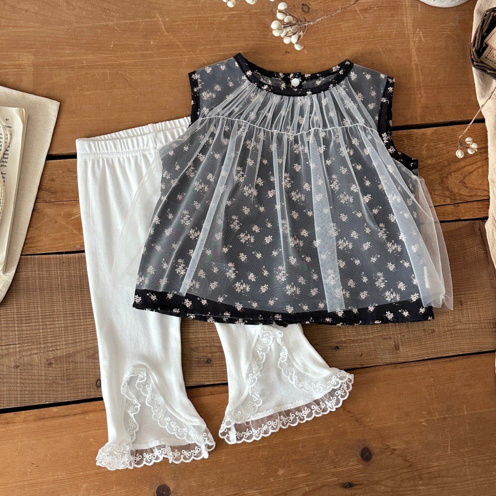 INS estilo verão infantil Floral costura gaze sem mangas camisa do bebê menina renda abertura em forma de U queimado tor