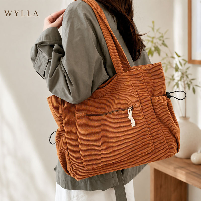 Bolsa Feminina De Cotelê Grande Capacidade Ombro Tote Casual Trabalho Faculdade Multi Bolsos Casual