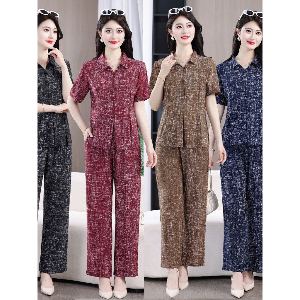 Roupas femininas idosas de meia-idade Roupas da mãe Lapela Camisa fina de manga curta Roupas de verão Moda elegante Calç