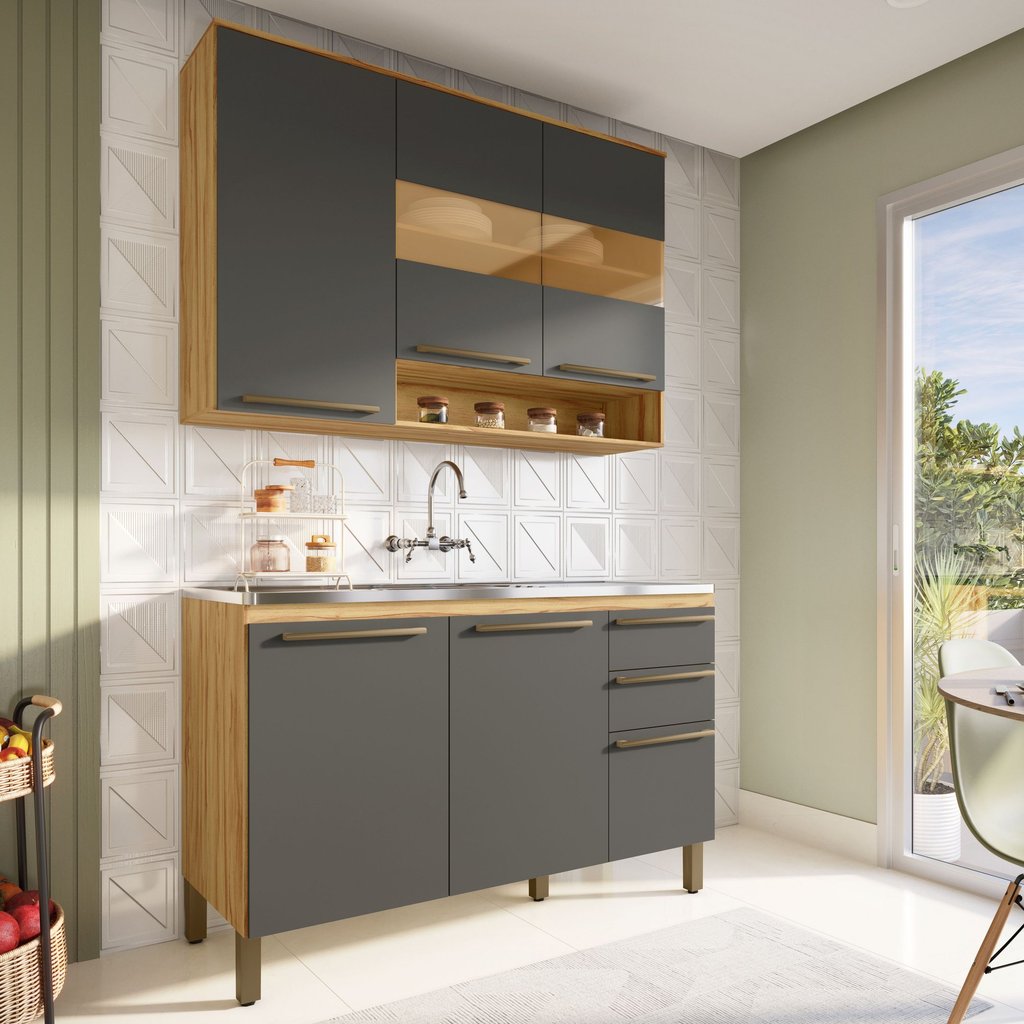 Armário de Cozinha Compacta Modulada 2 Peças 6 Portas sem Tampo com Vidro 100% MDF Itália Espresso Móveis