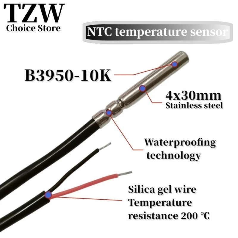 Sonda de temperatura à d'água NTC 10K 4x30mm com rolete de dupla pista, fio de silicone, resistência à temperatura