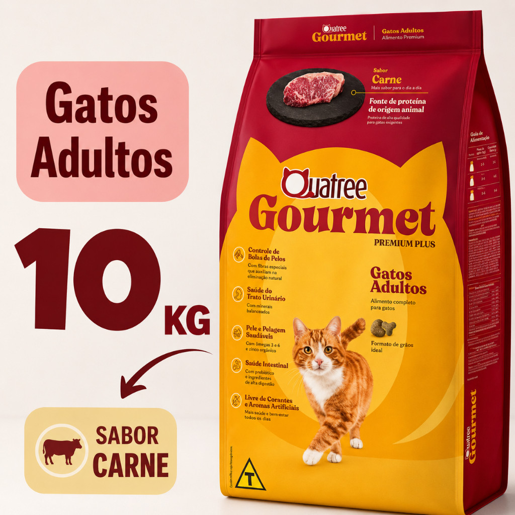 Raçâo Quatree Gourmet Gatos Carne 10kg PREMIUM ESPECIAL Raçâo Para Gatos Quatree 10KG