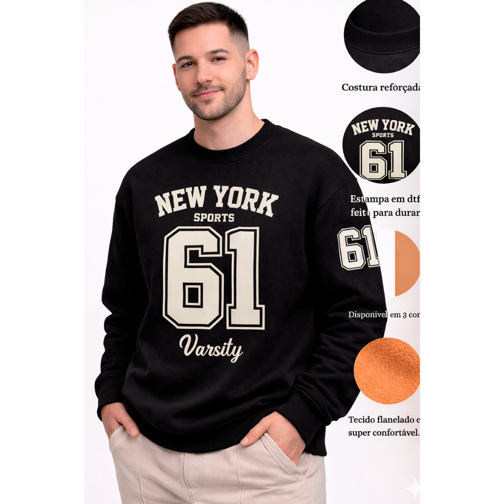 Moletom Masculino New York 61 Varsity Flanelado Estampa DTF Premium Casual Confortável