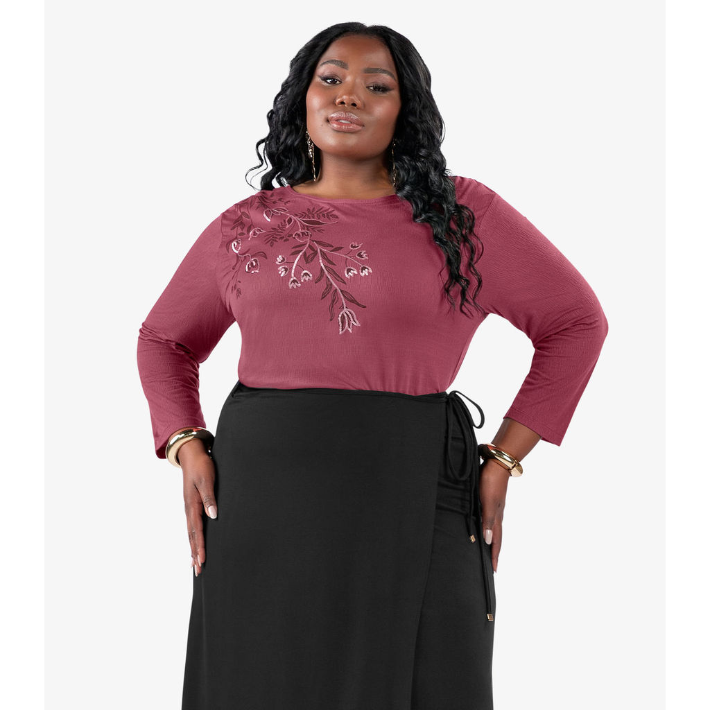 Busa De Manga Longa Bordado Plus Size Secret Glam Vermelho