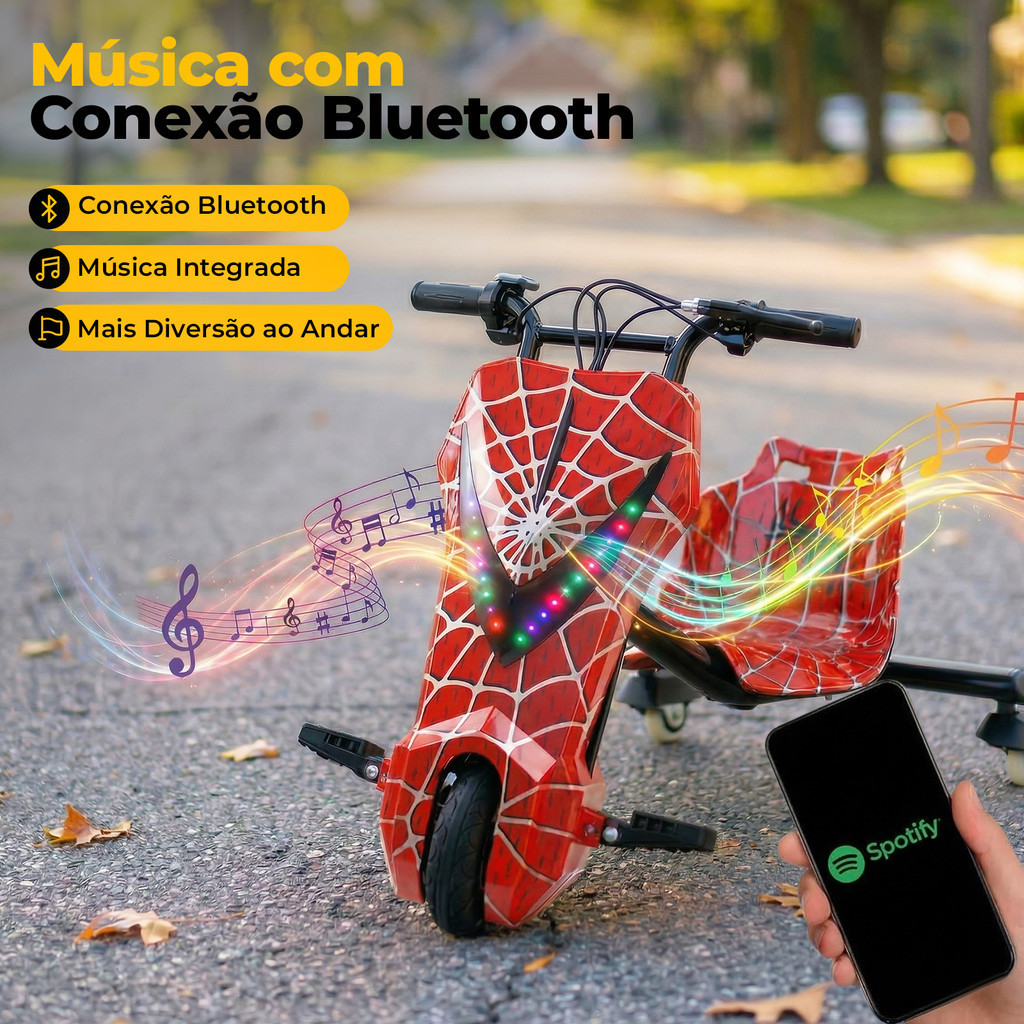 Triciclo Eletrico Infantil Drift 350W Com Amortecedor Bluetooth LED 3 Velocidades Com Proteção