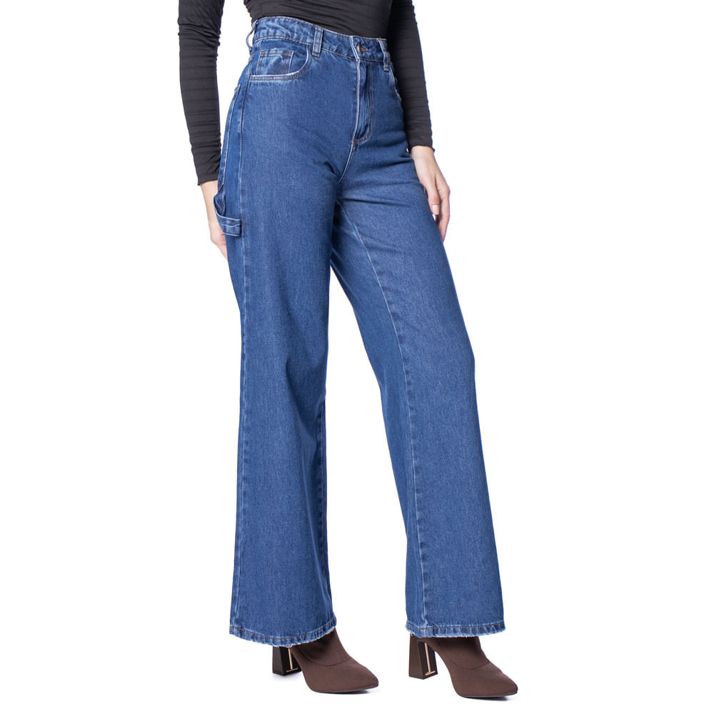 Calça Jeans Feminina Sawary Wide Leg Puídos Azul Escuro