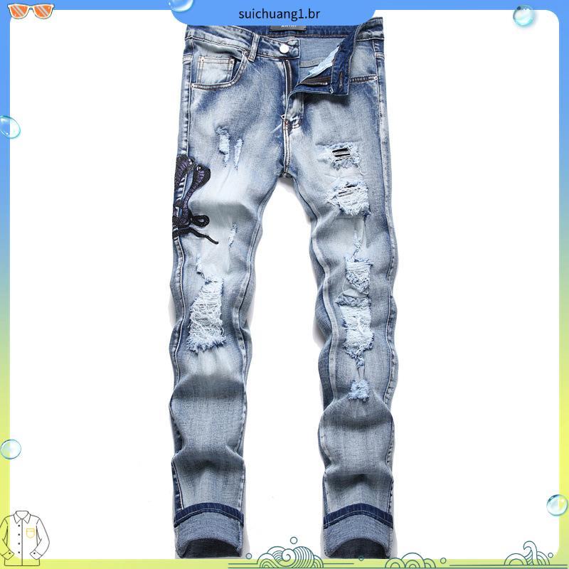 Moda Outono Calças de Jeans Masculinas com Patches Rasgados Bordados Padrão de Cobra Esticadas Retro Leves