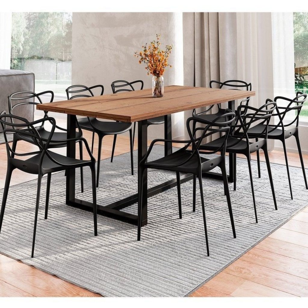 Conjunto Mesa de Jantar Rústica de Madeira Maciça com 8 Cadeiras Allegra Preto/Marrom 183