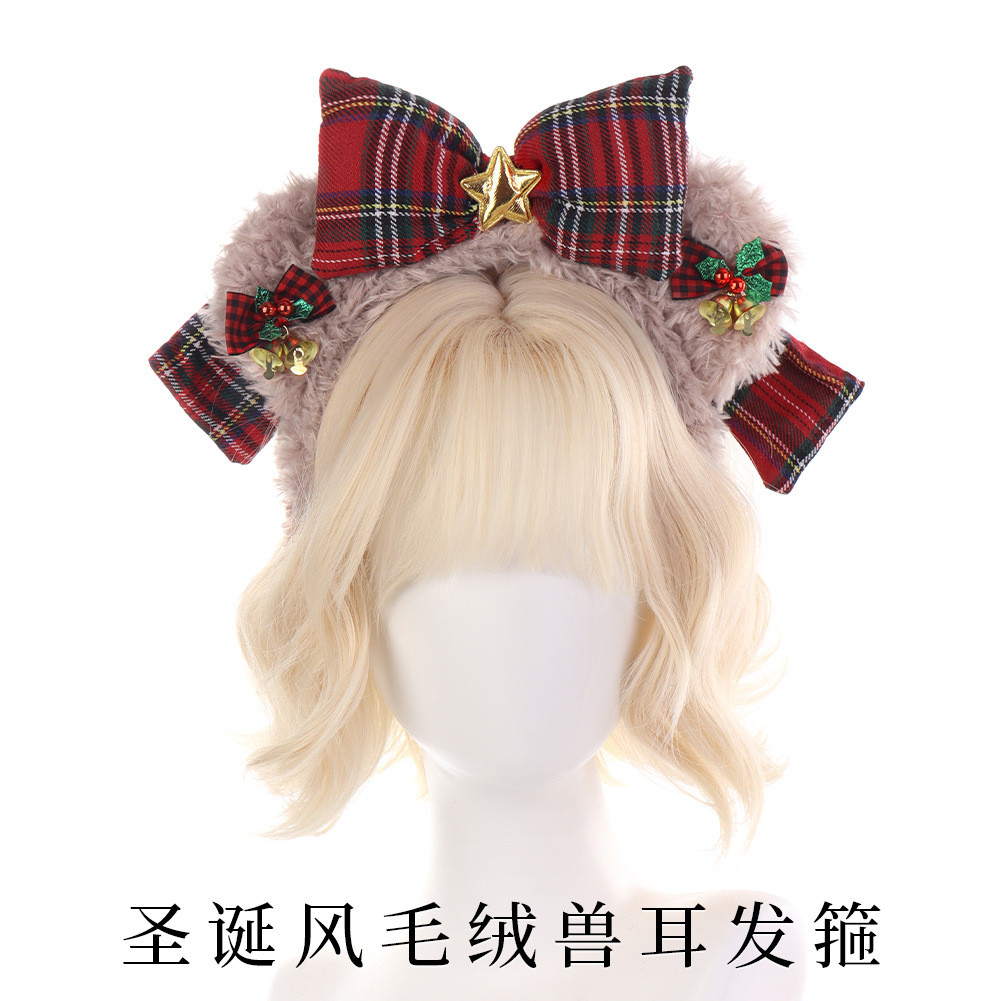 Tiara de pelúcia de Natal Shirley Rose 2026 com laço vermelho, tiara de gatinho, acessório de cabelo para fotos em parqu