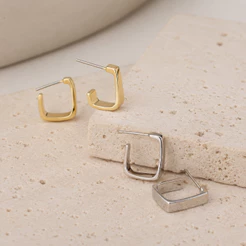 Brinco Argola Quadrado Médio Geometrico em Forma de U Folheado no Dourado/Prata Acessorio Feminino